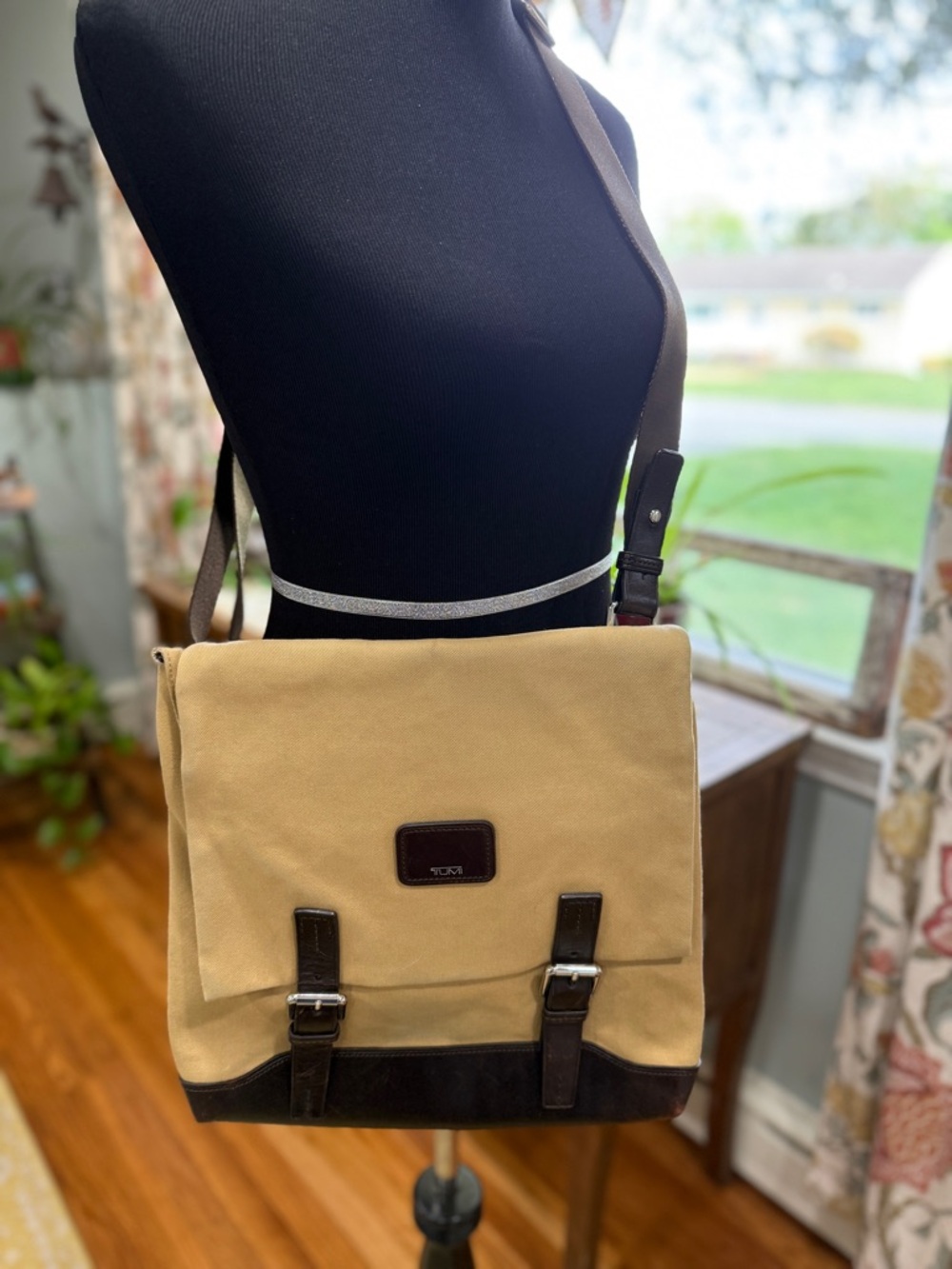 TUMI Tan Canvas & Brown Leather Messenger Bag with protective cover